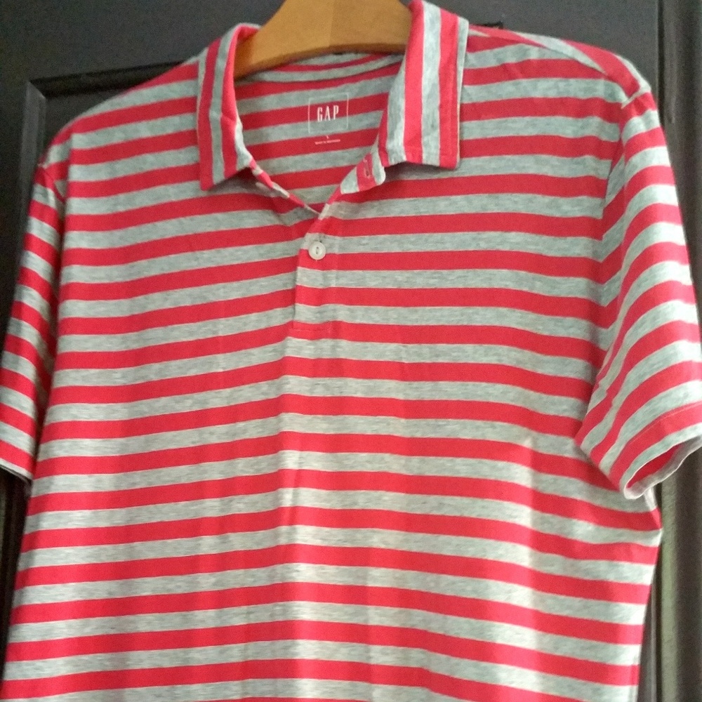 Gap Red & Grey Stripe Jersey Polo Sz L